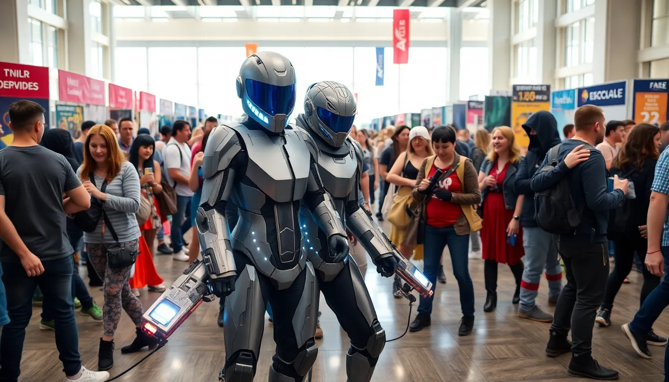 diverse group in cosplay representing murder drones at a convention.