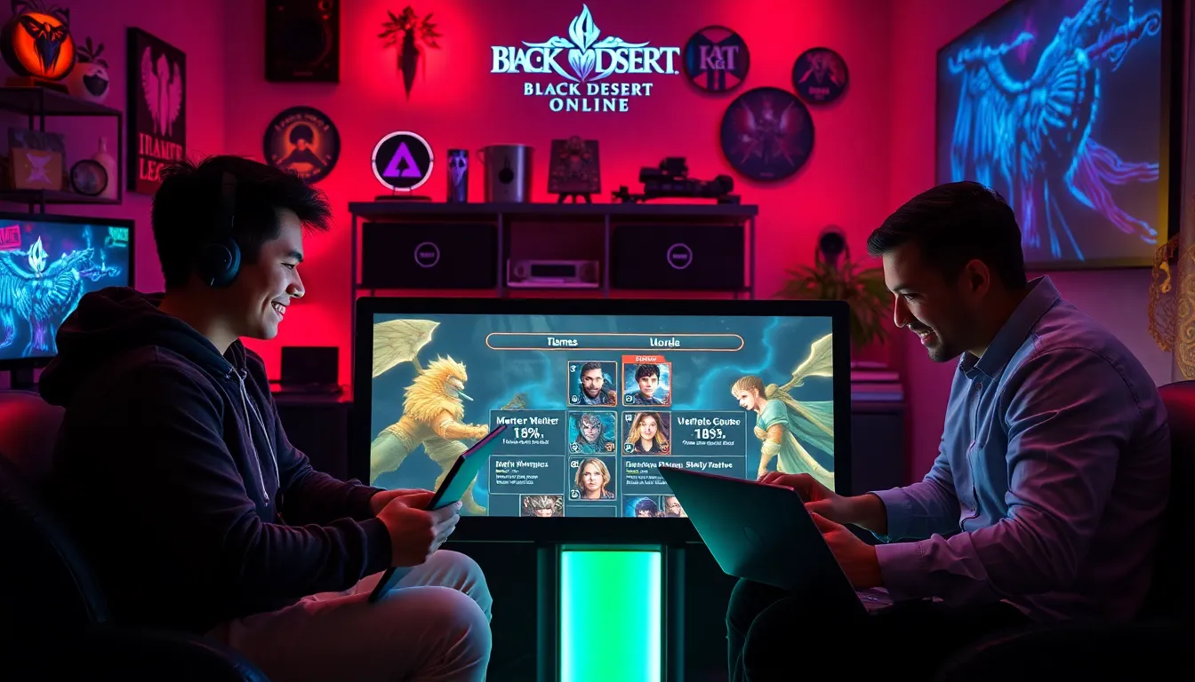 diverse gamers discussing family names in a modern gaming room.