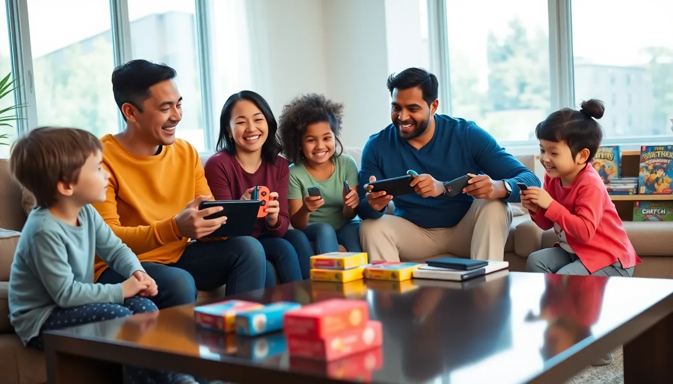 family enjoying Nintendo Switch games together at home.