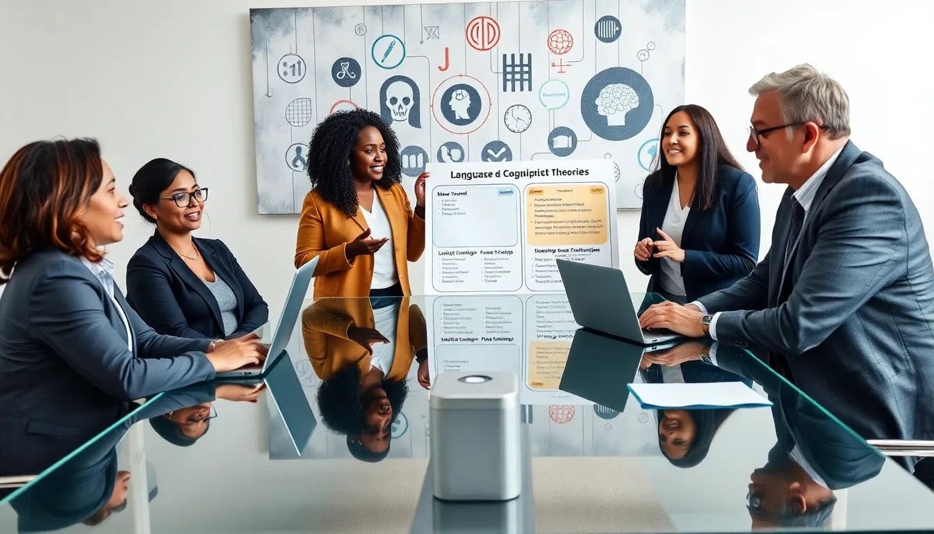diverse professionals discussing language development theories in a modern office.