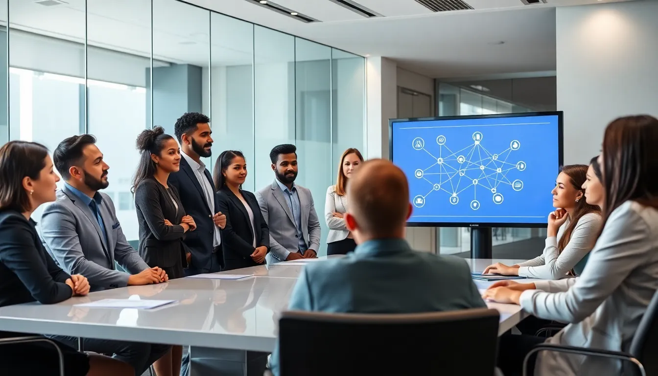 diverse team discussing blockchain technology in a modern office.