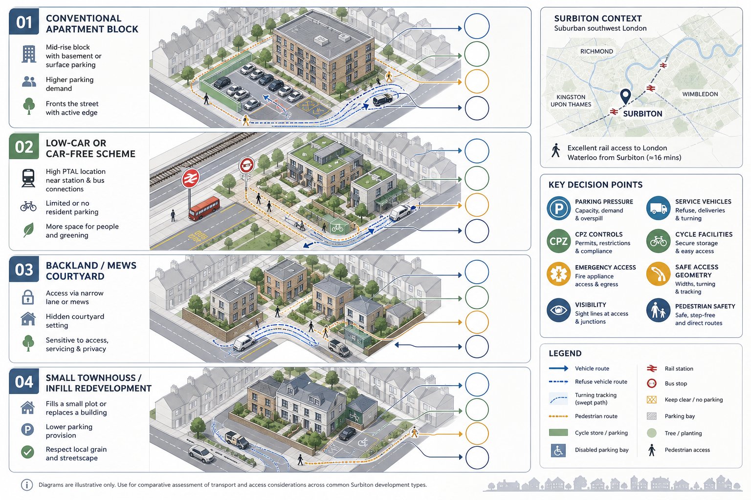Infographic comparing transport issues across residential development types in Surbiton.