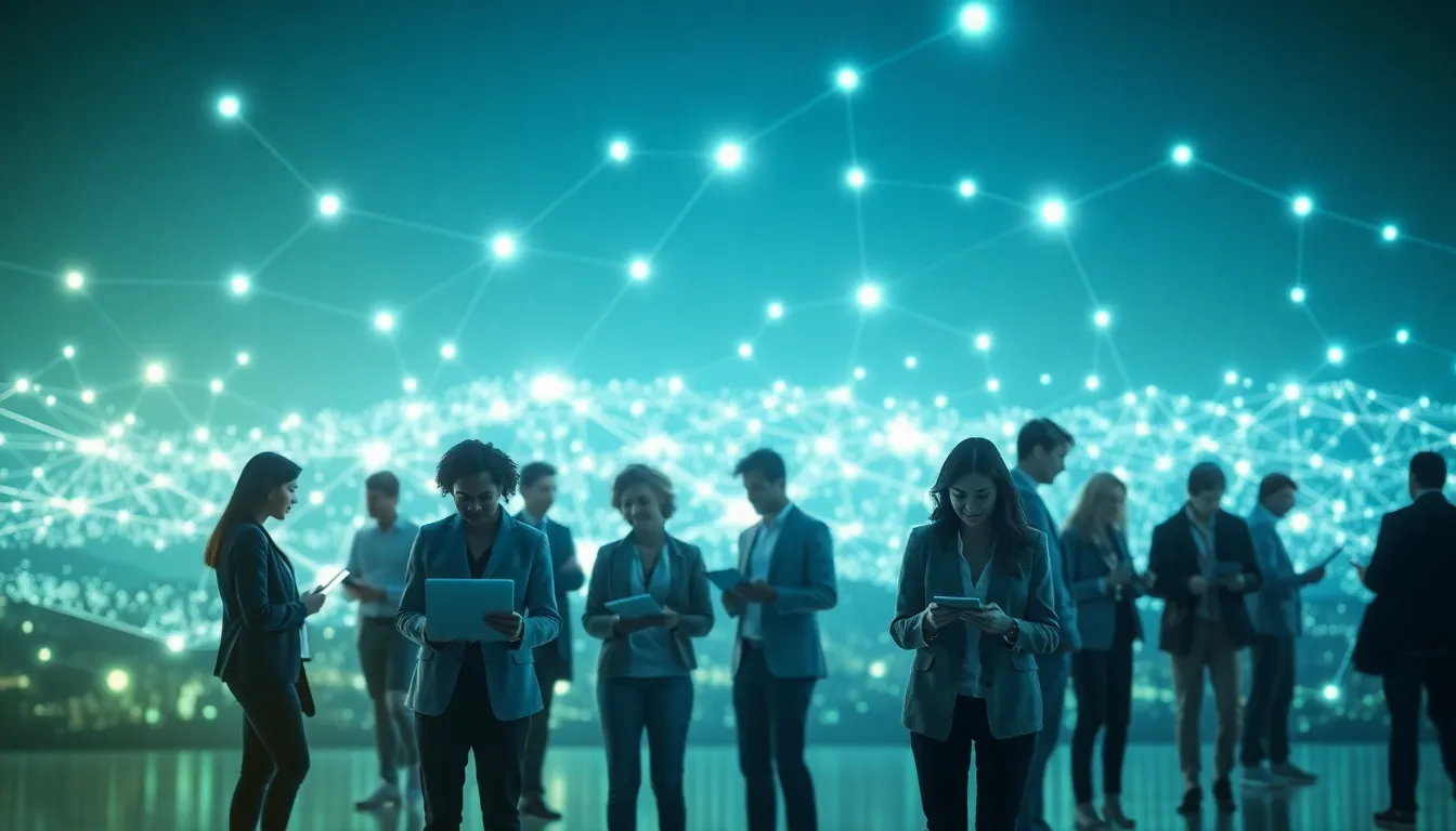 diverse group interacting in a digital landscape representing online identities.