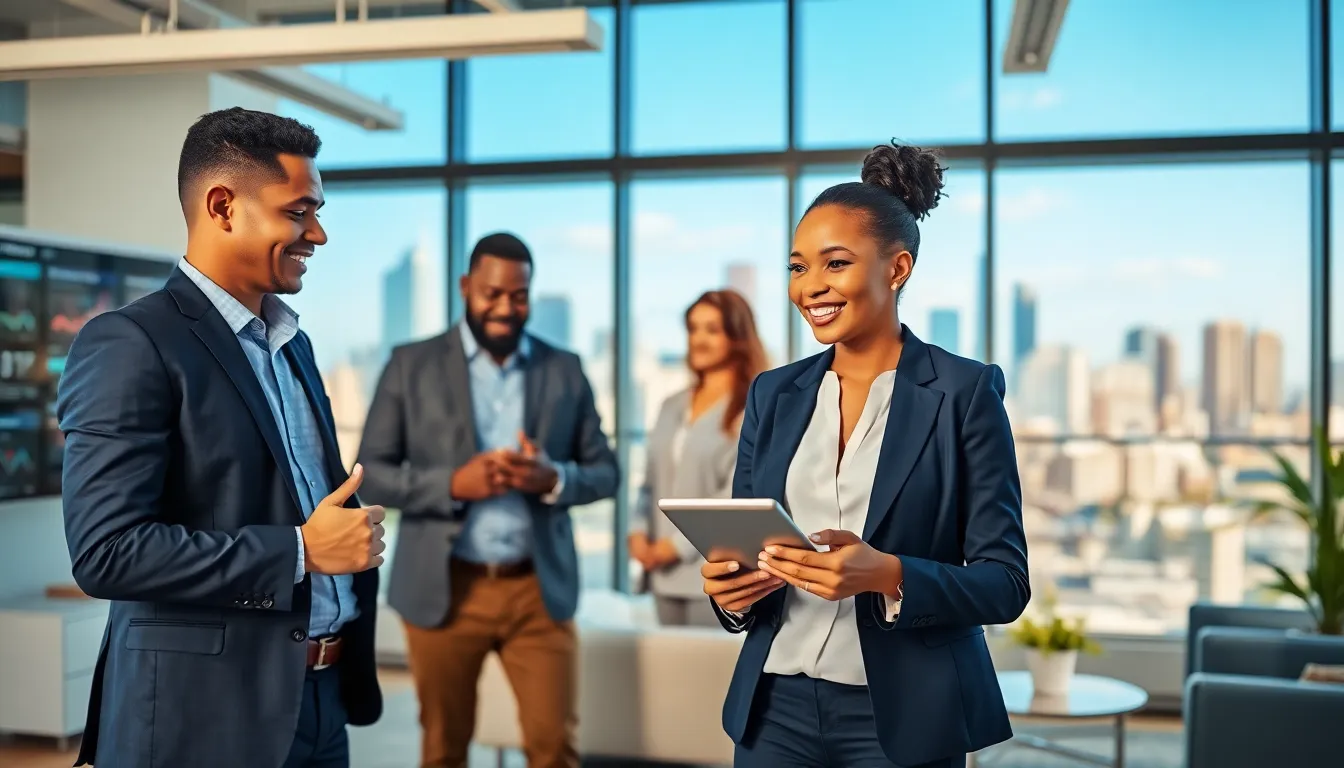 a real estate agent assisting a diverse couple in a modern office.