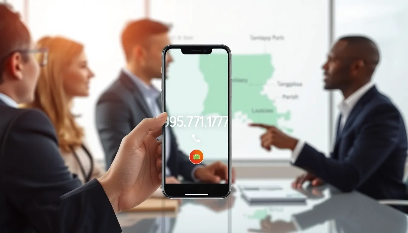 smartphone showing the number 985.771.1717 in a modern office.