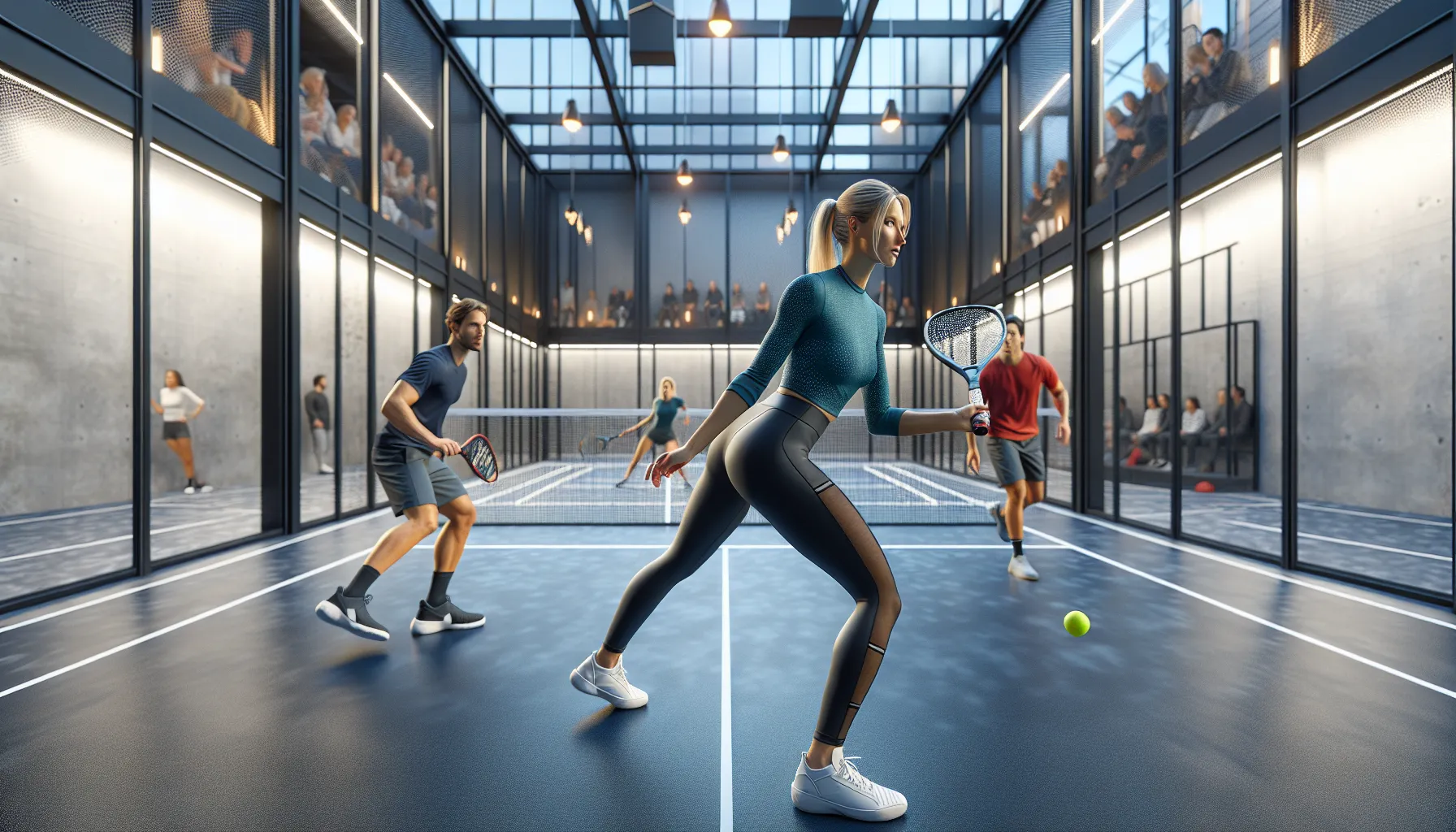 De beste padelsentrene i oslo: en komplett guide 3 Mixed doubles match in a modern oslo padel center with café and proshop.