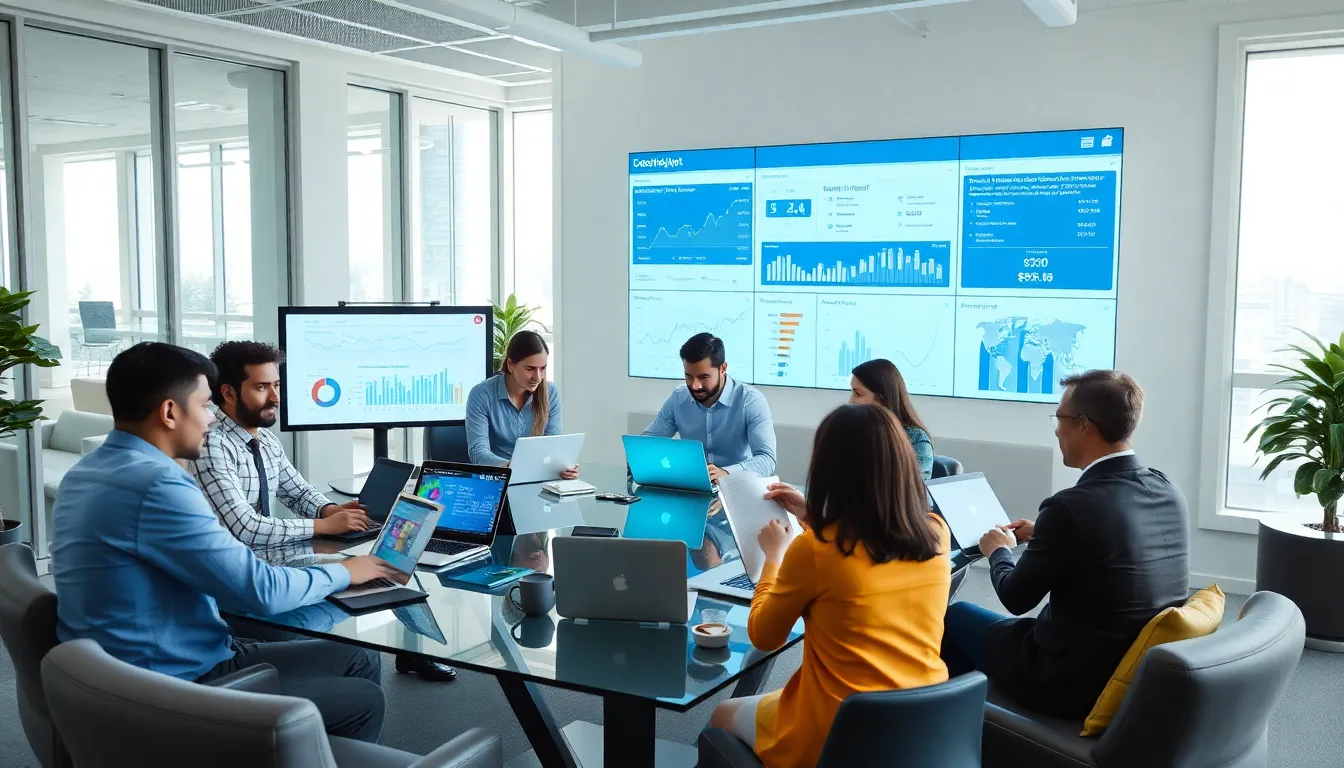 diverse team collaborating on software applications in a modern office.