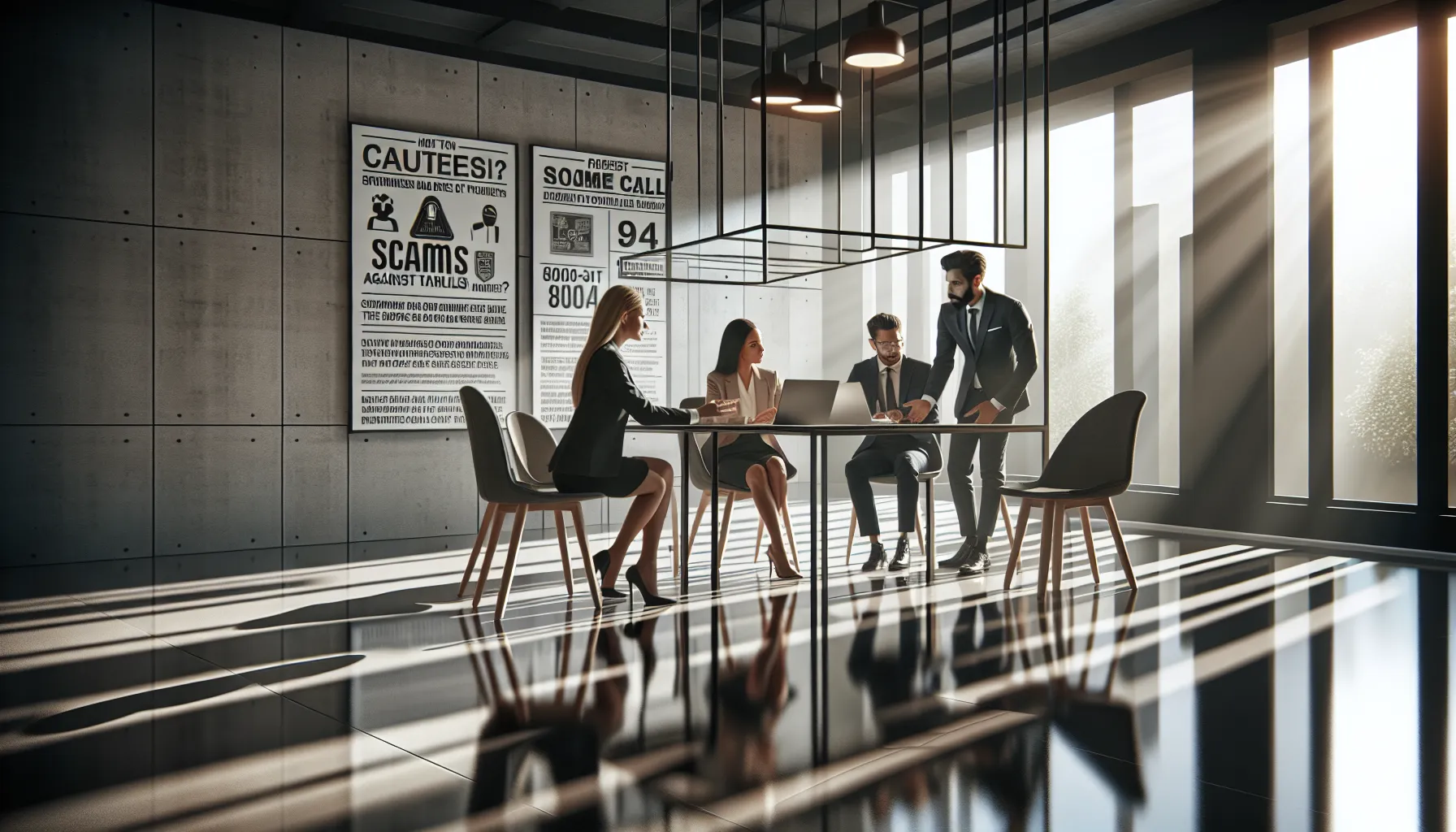 diverse team discussing scam prevention in a modern office.