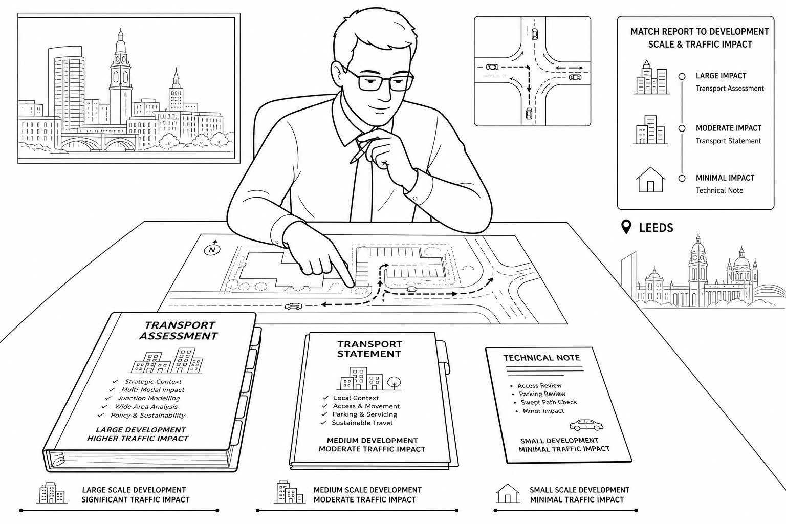 Traffic engineer choosing the right transport report for a Leeds development.