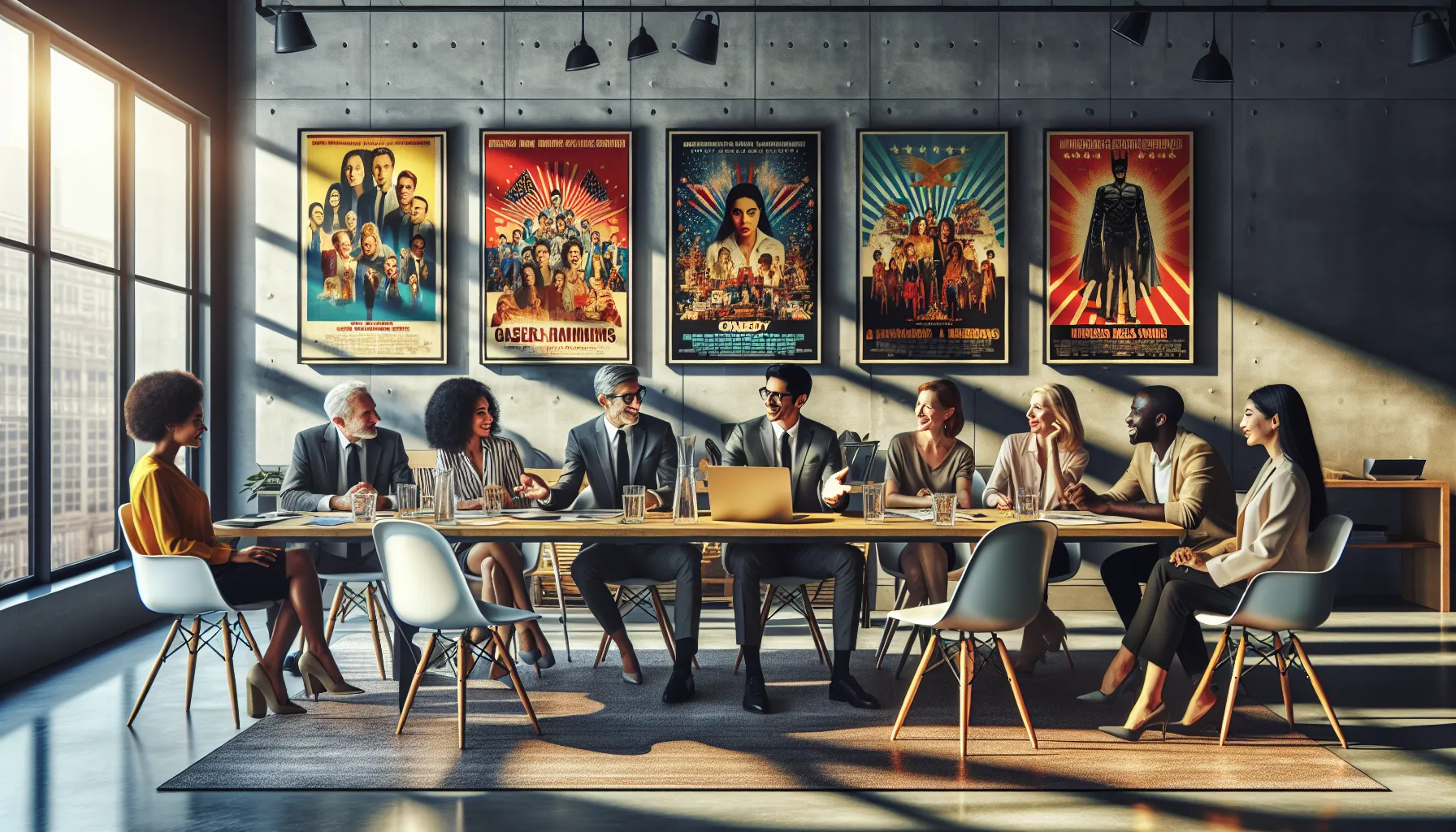 diverse group discussing films in a modern office.