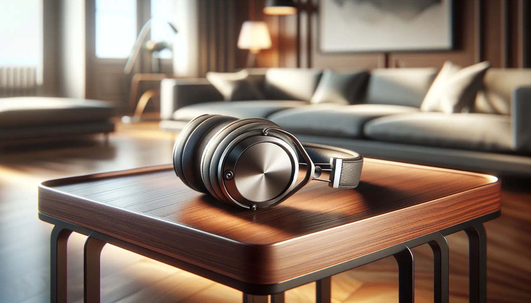 Noise-isolating headphones displayed on a wooden table.