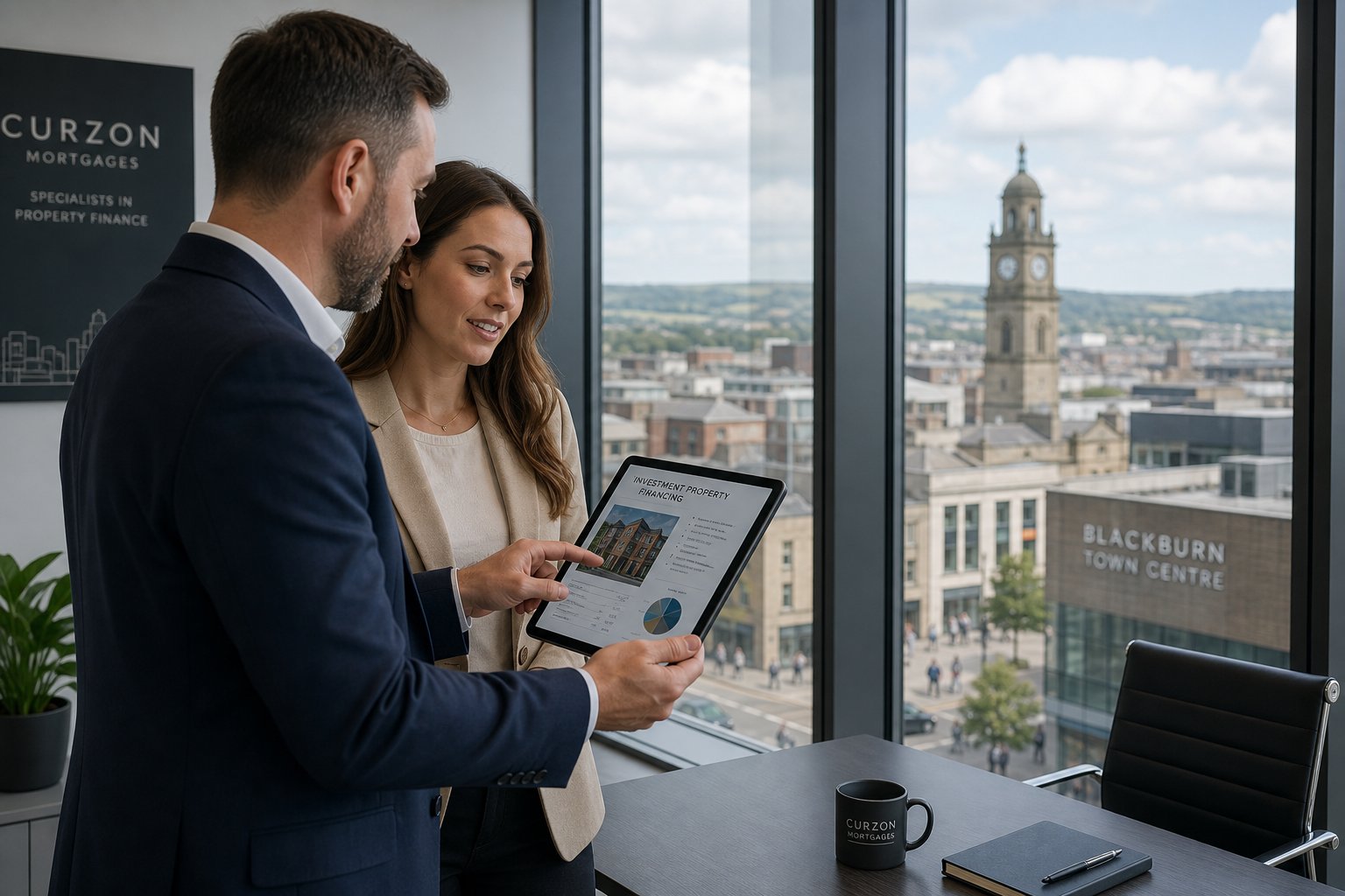 Commercial mortgage specialist and client discussing financing by a window overlooking Blackburn.