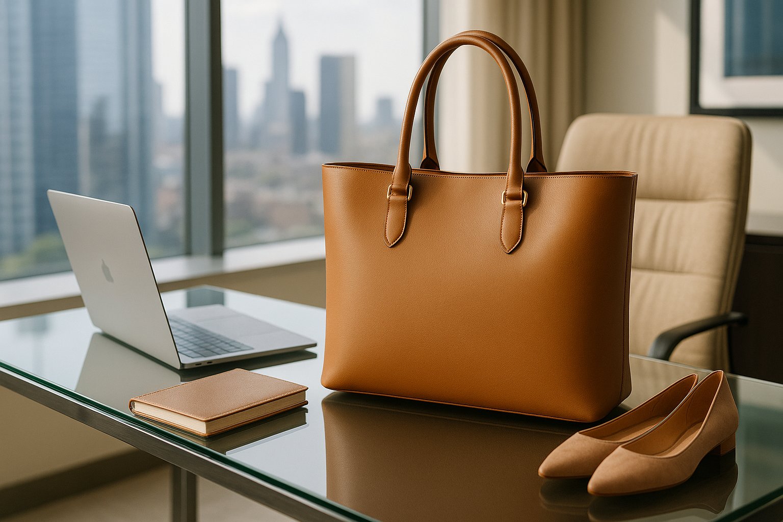 Classic leather tote bag on a modern office desk with work essentials.