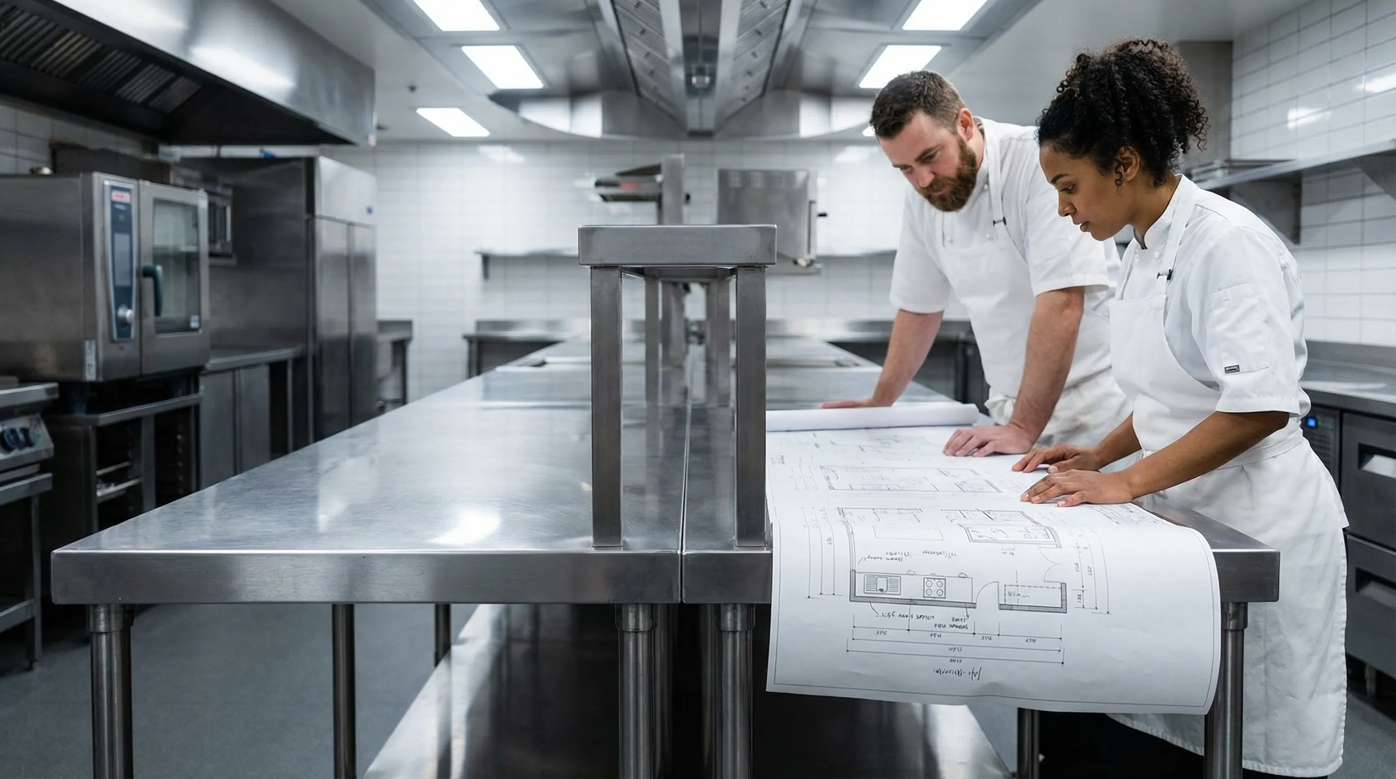 Two chefs assessing a stainless steel bench in a modern commercial kitchen.