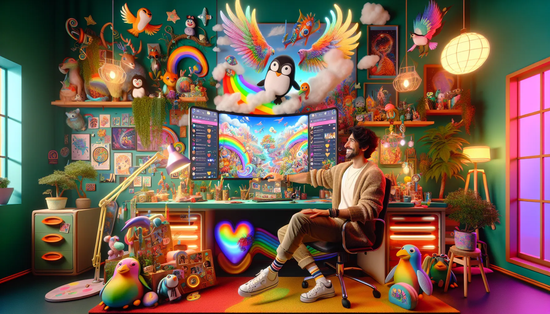 A creative workspace with colorful art and an artist engaged in digital creation.