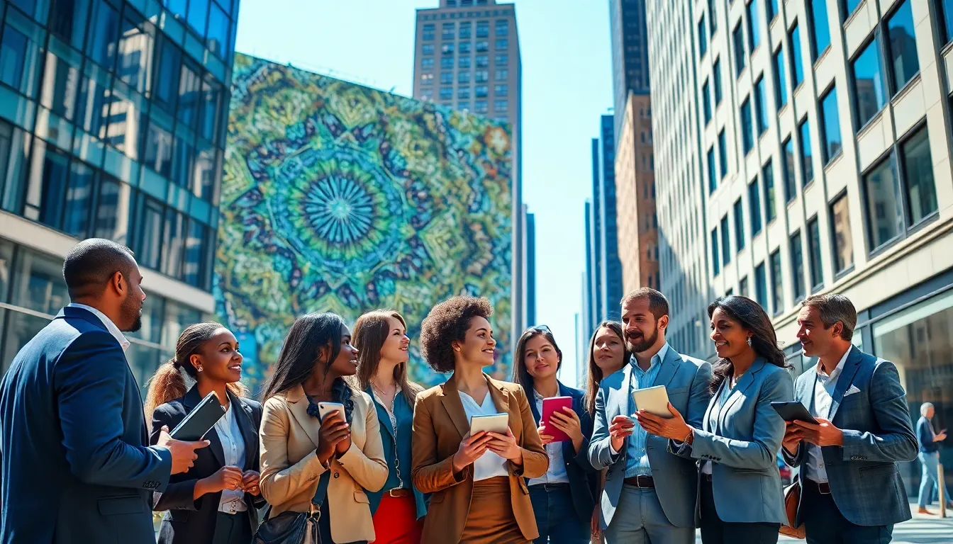 diverse professionals discussing ideas on a lively city street.