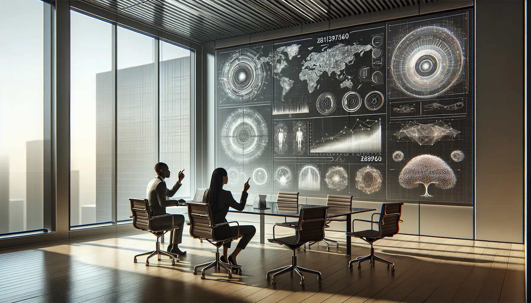 diverse team discussing data in a modern office.