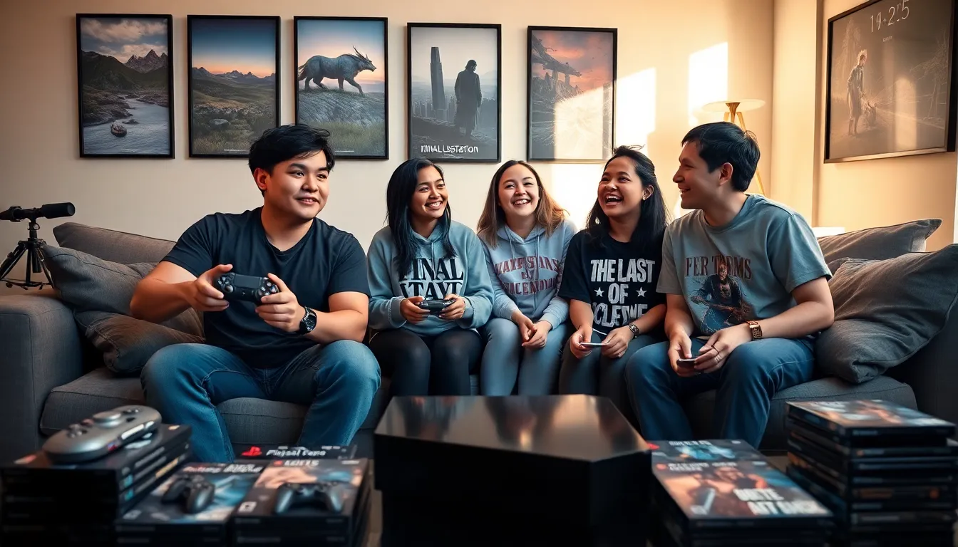 group of friends enjoying PlayStation gaming in a modern living room.