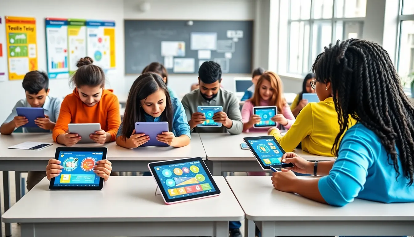 diverse students using educational apps in a bright classroom setting.