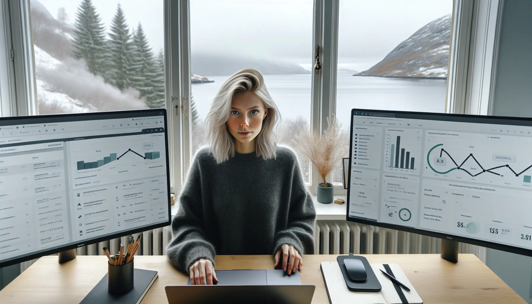 Norwegian affiliate marketer reviews ctr and commission metrics in a wintery home office.