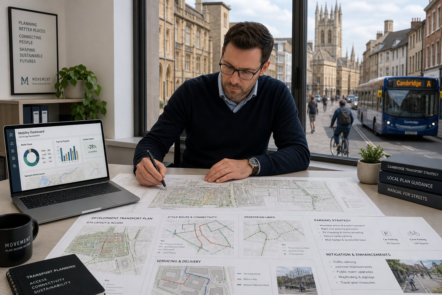 Traffic engineer reviewing Cambridge transport plans in a modern office.