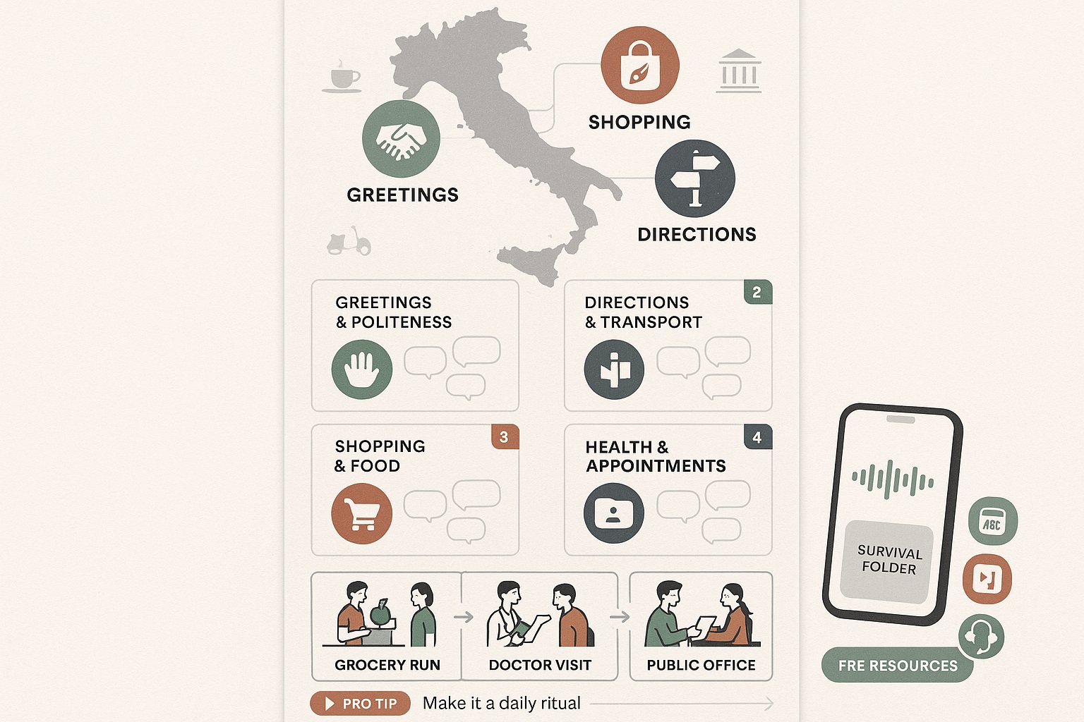 Infografica modulare che mostra frasi italiane di sopravvivenza con scenari e cartella audio telefono.