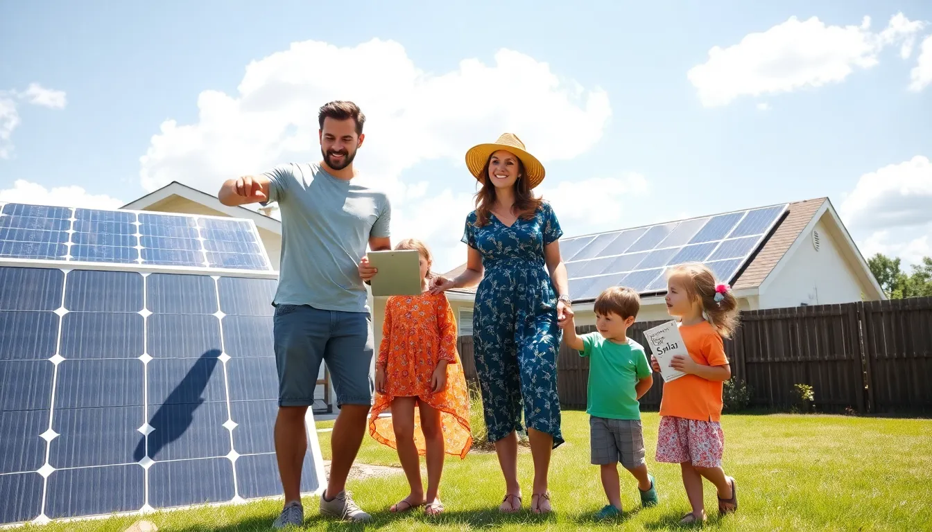 A family discussing solar financing options in their backyard.