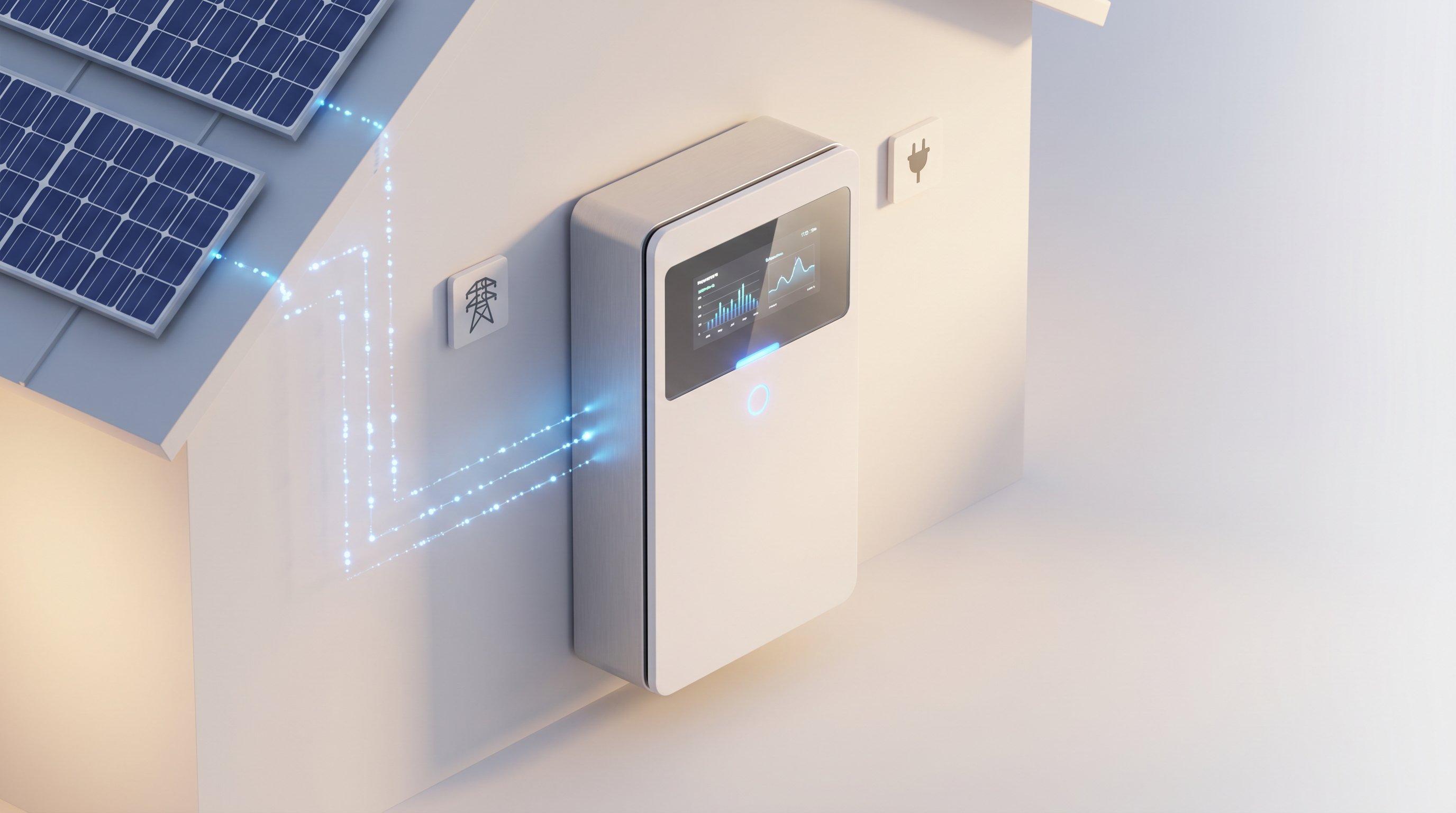 3D render of modern wall-mounted home energy storage battery system with solar panels.