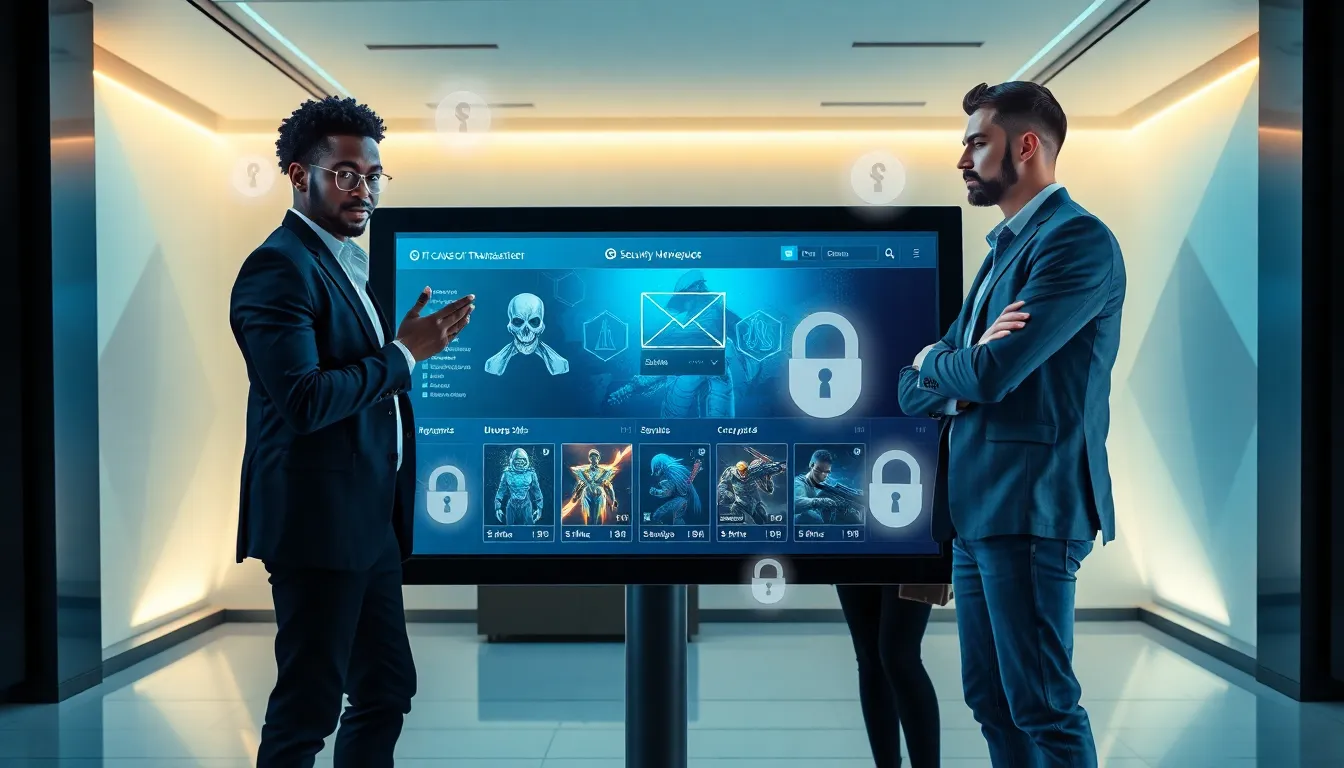 diverse professionals in a digital market purchasing gaming skins.