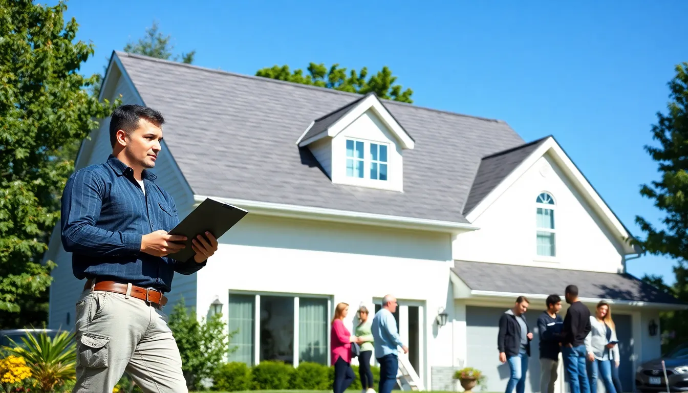 modern home with vinyl roofing and a contractor inspecting it.