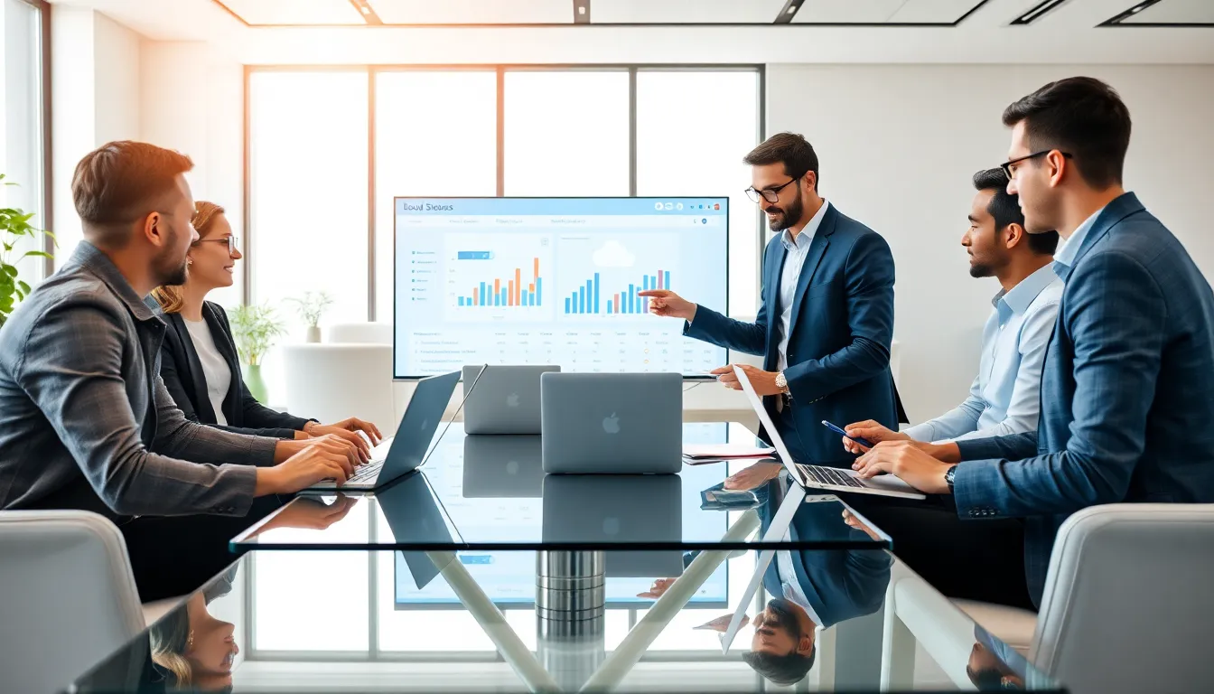diverse professionals collaborating around laptops in a modern office.