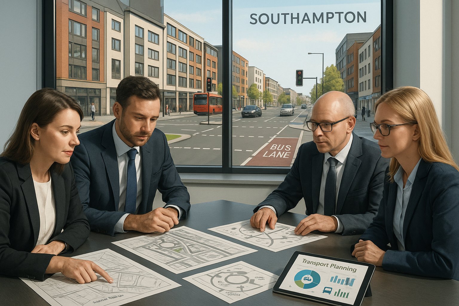 Transport planners reviewing Southampton development access and street network plans.