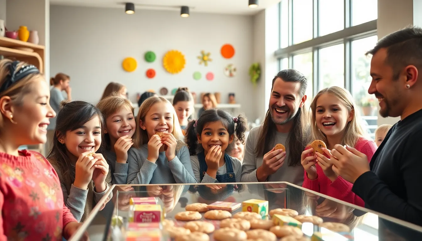 a joyful bakery scene with customers enjoying fresh cookies.