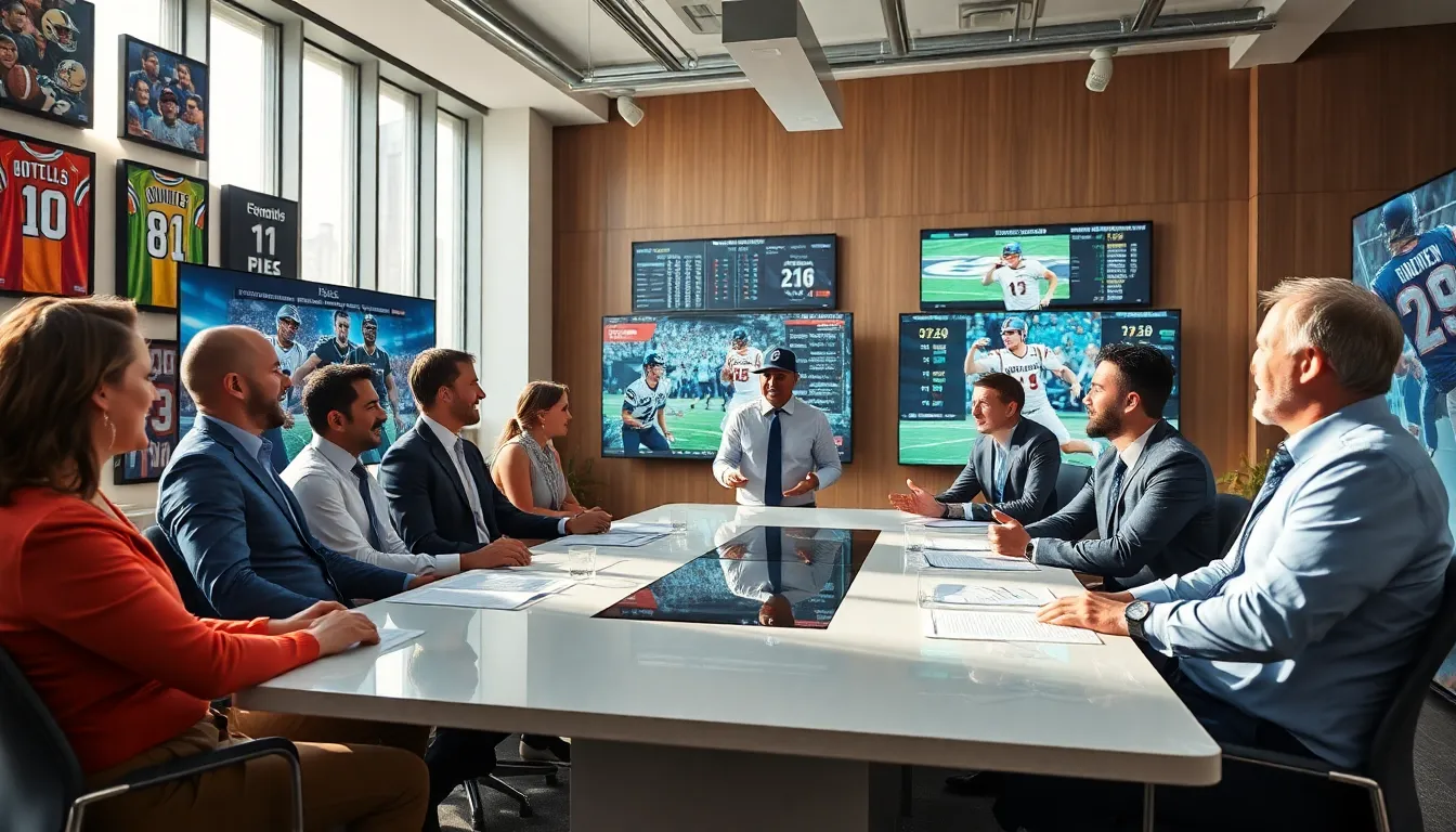 professionals discussing major sports updates in a modern office.