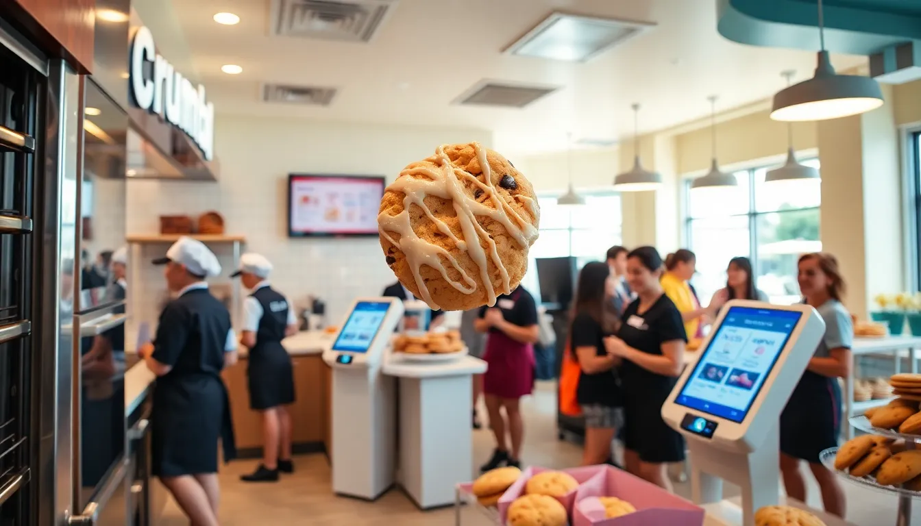 inside a Crumbl Cookies store with bakers and colorful decor.