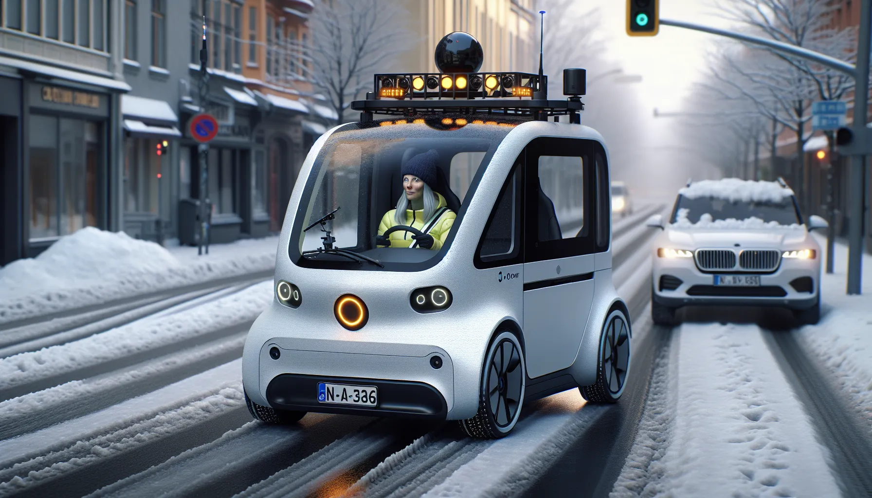Autonomous shuttle with safety operator navigates a snowy Oslo test route.