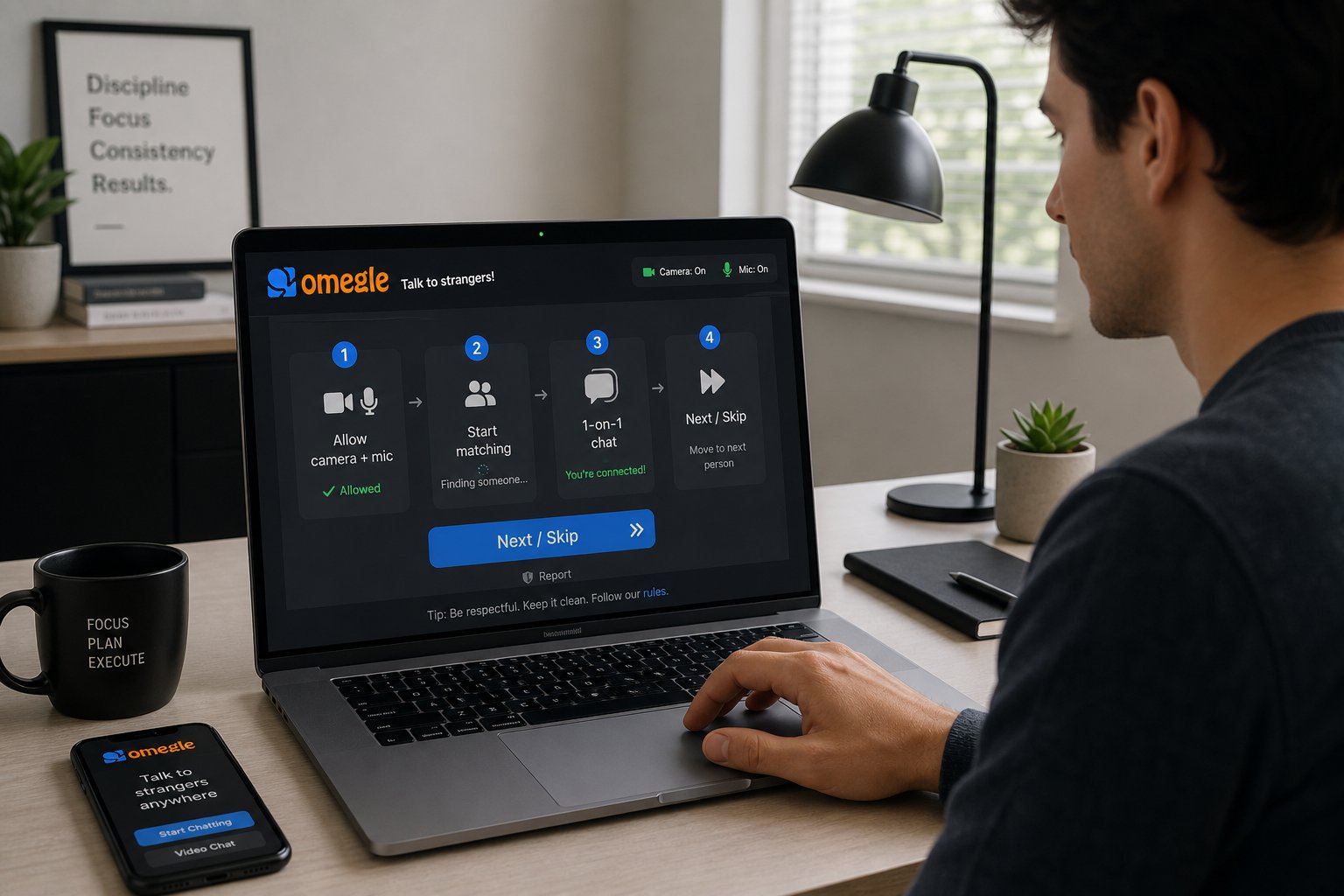 Professional using laptop video chat interface with next/skip and report controls.
