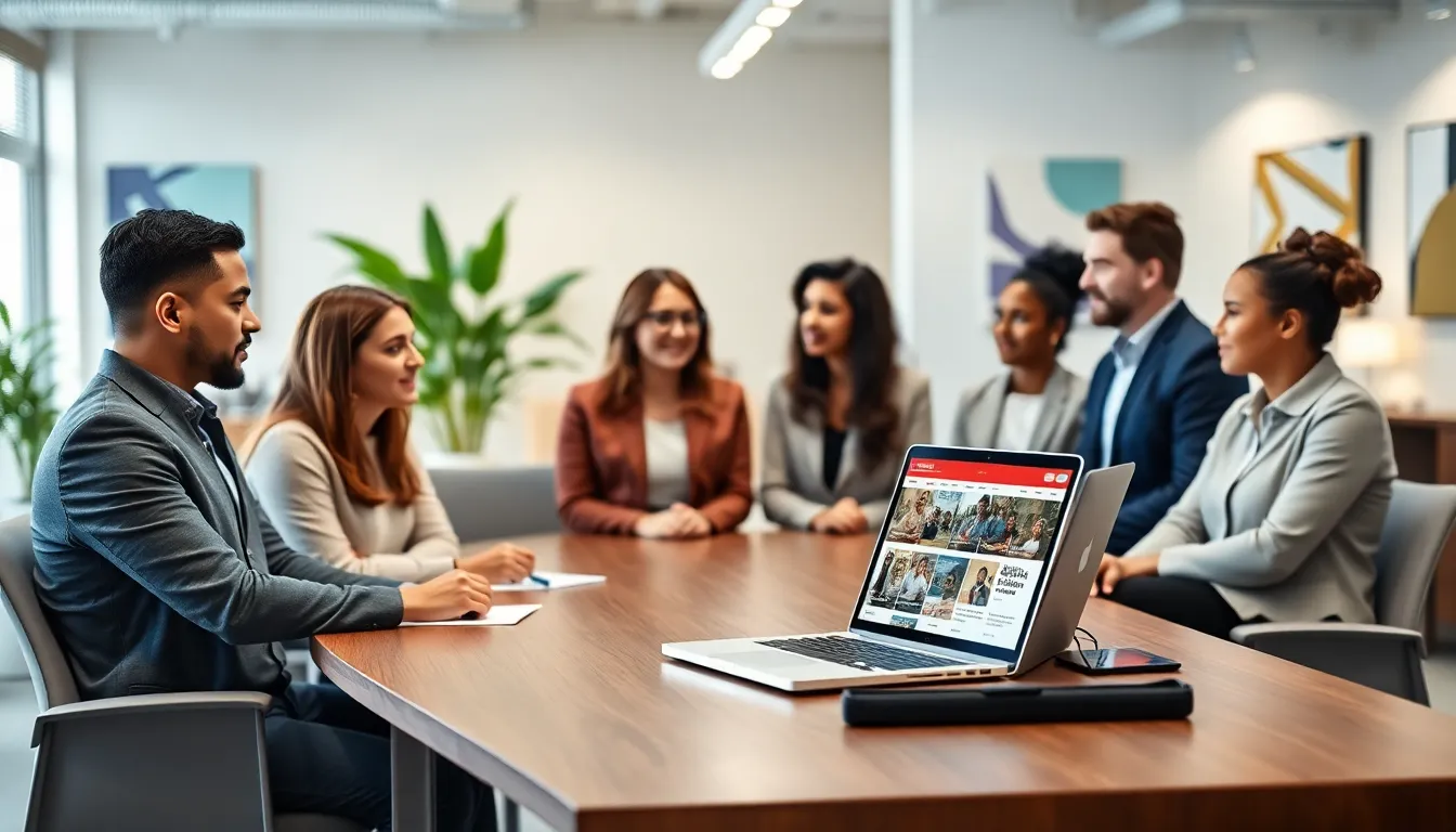 diverse professionals collaborating over articles in a modern office setting.