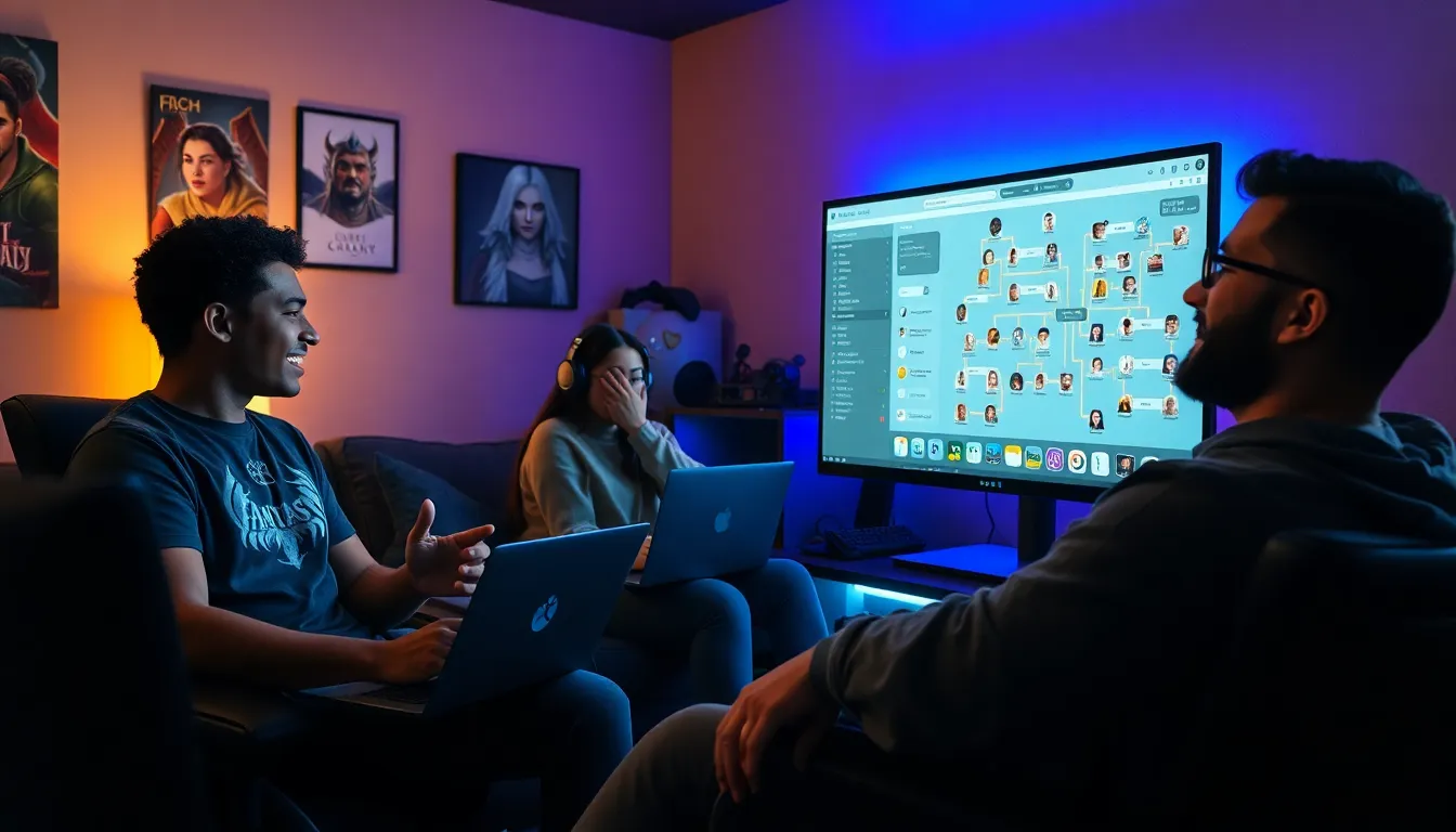 A group of young gamers collaborating on character customization in a cozy room.