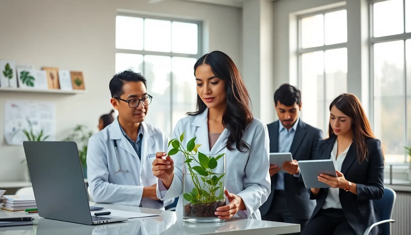 diverse team researching the herb Mirbezumia in a modern office.