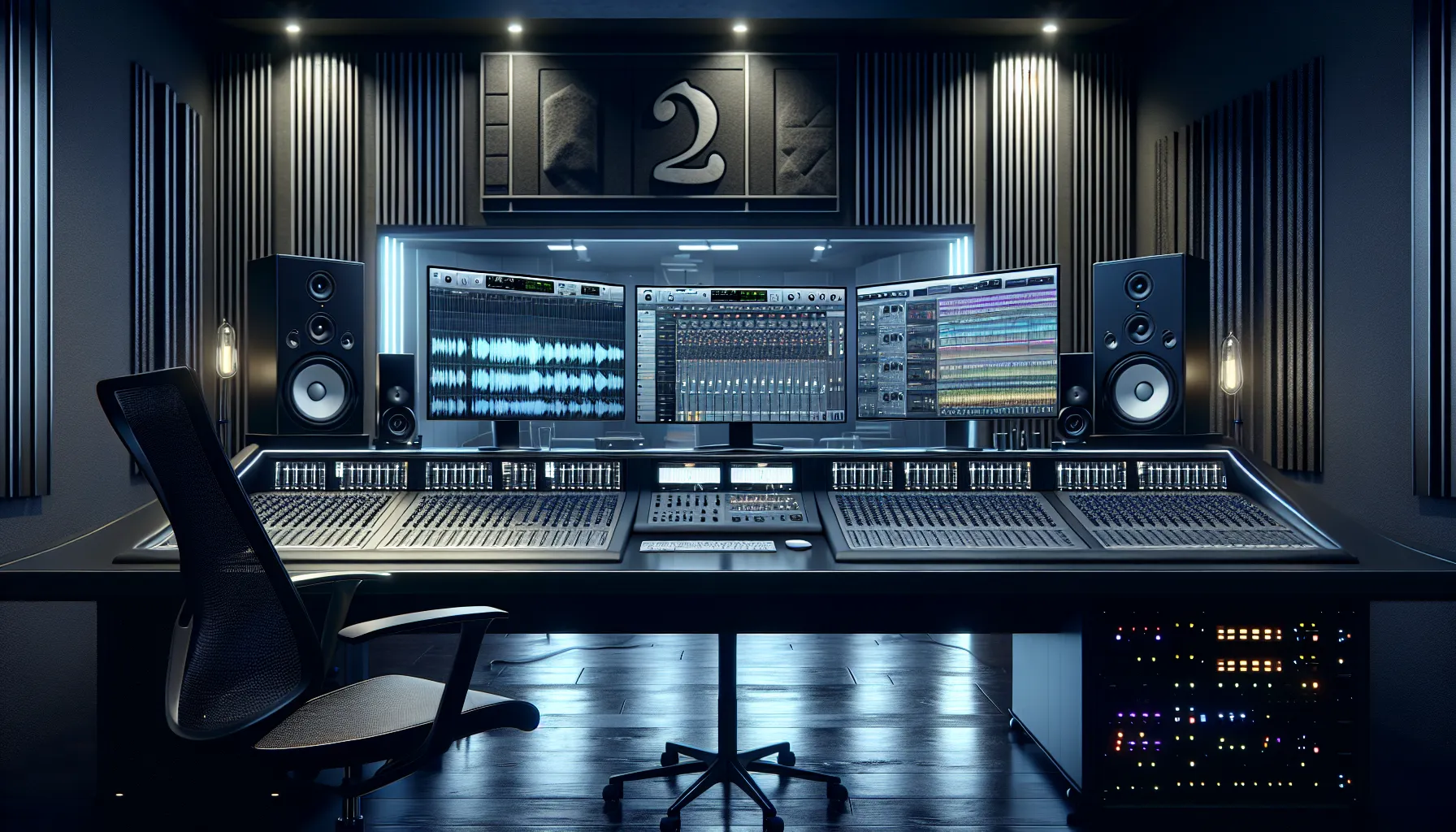 A recording studio with screens displaying mixing and mastering software side by side.