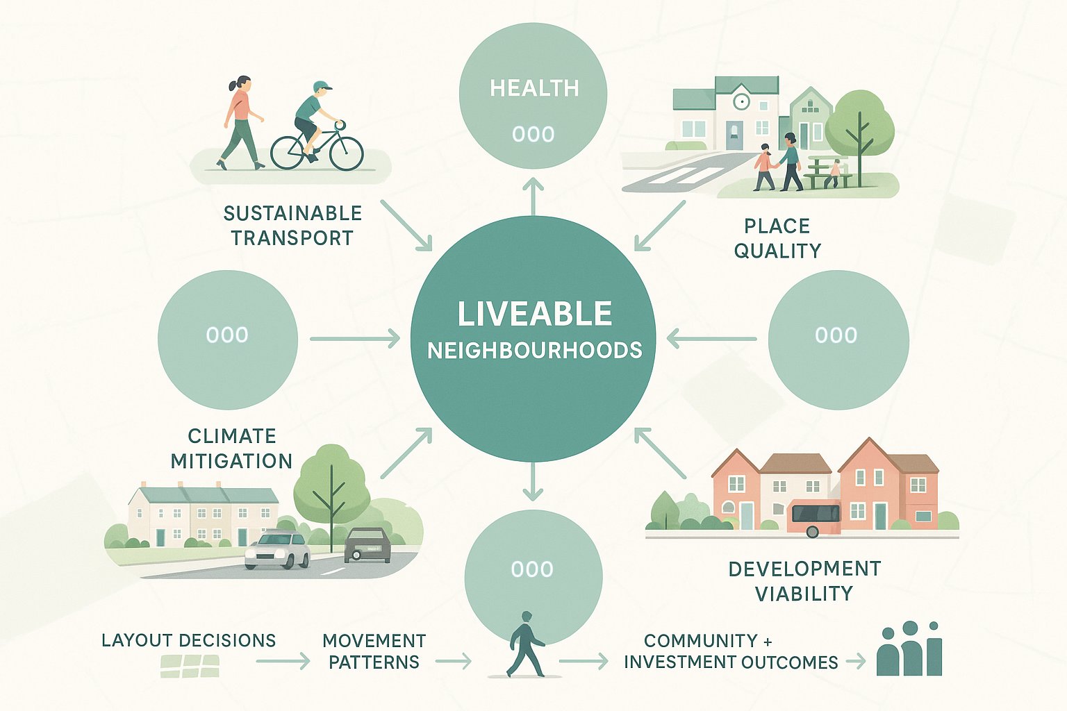 Infographic showing how liveable neighbourhood planning improves transport, health, place, and development.