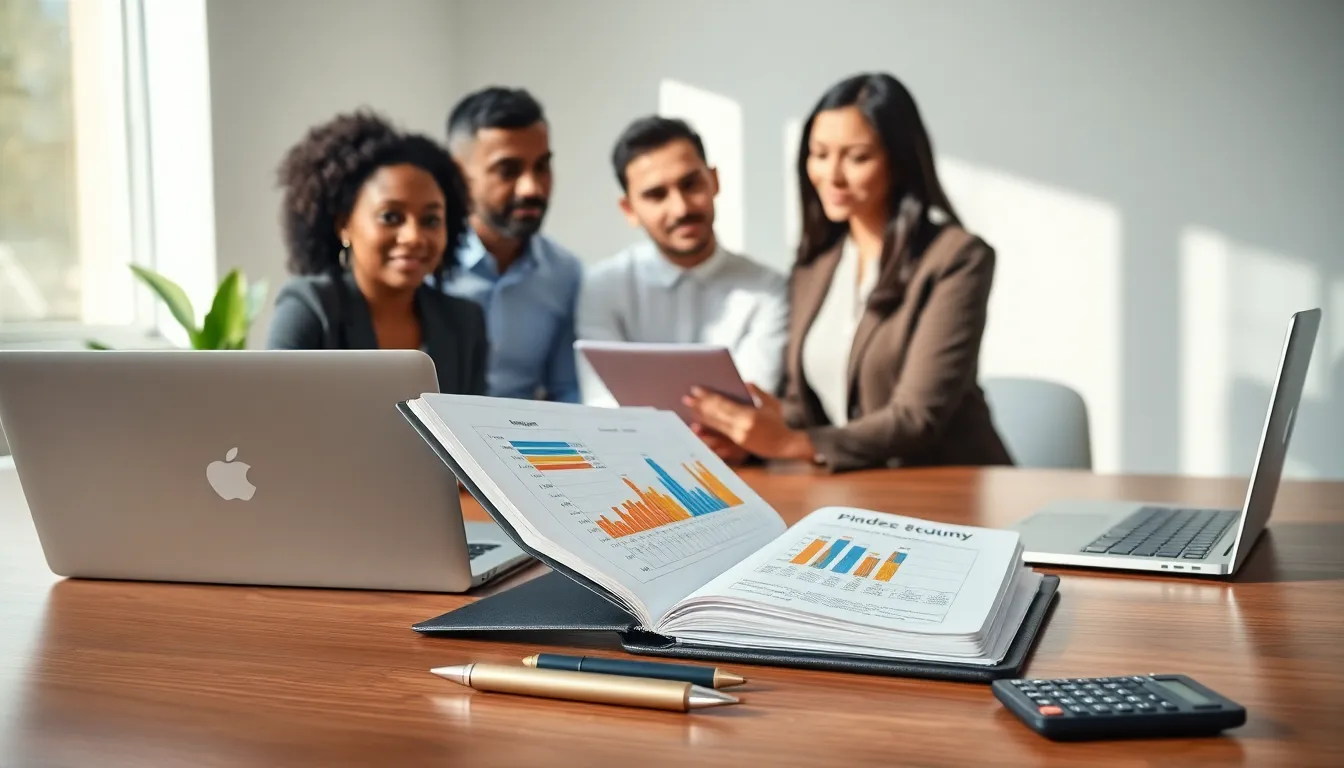 diverse team discussing finances at a modern desk with a budgeting journal.