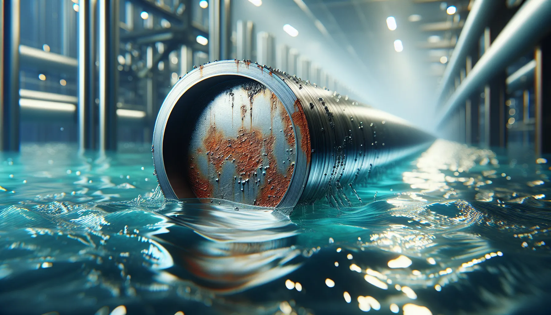 A coated metal pipe demonstrating differences in oxidation and corrosion.