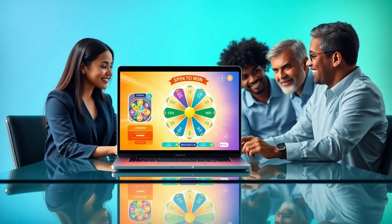 diverse team engaging with a digital 'Spin to Win' game on a laptop.