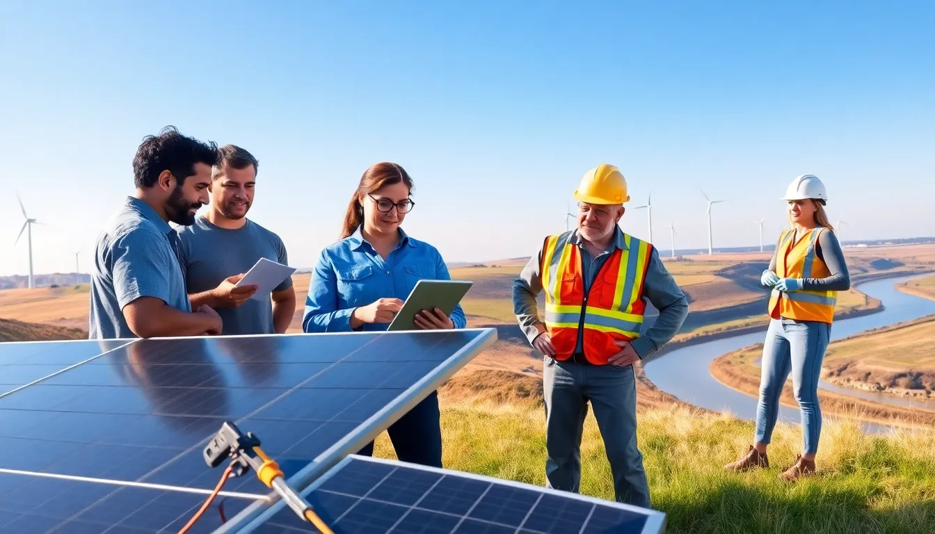 engineers collaborating on a solar panel installation in a sunny landscape.
