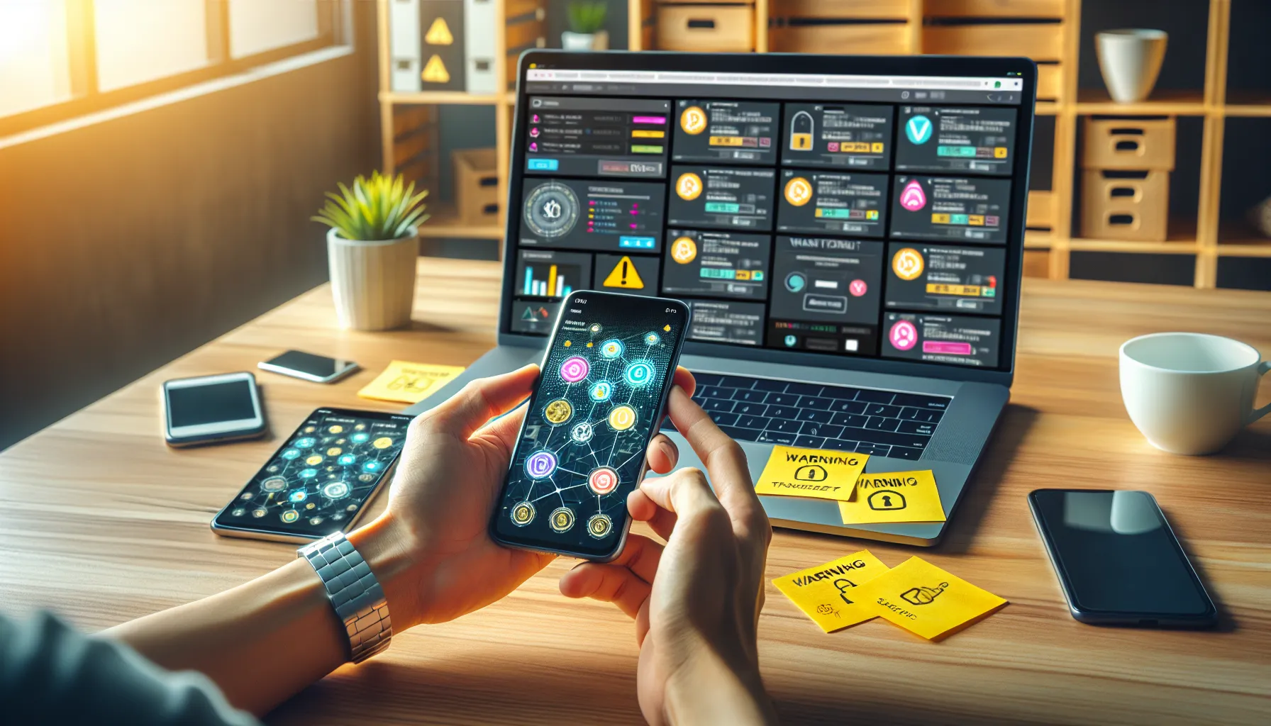 Person examining cryptocurrency wallet on smartphone with laptop showing airdrop websites and security warnings.