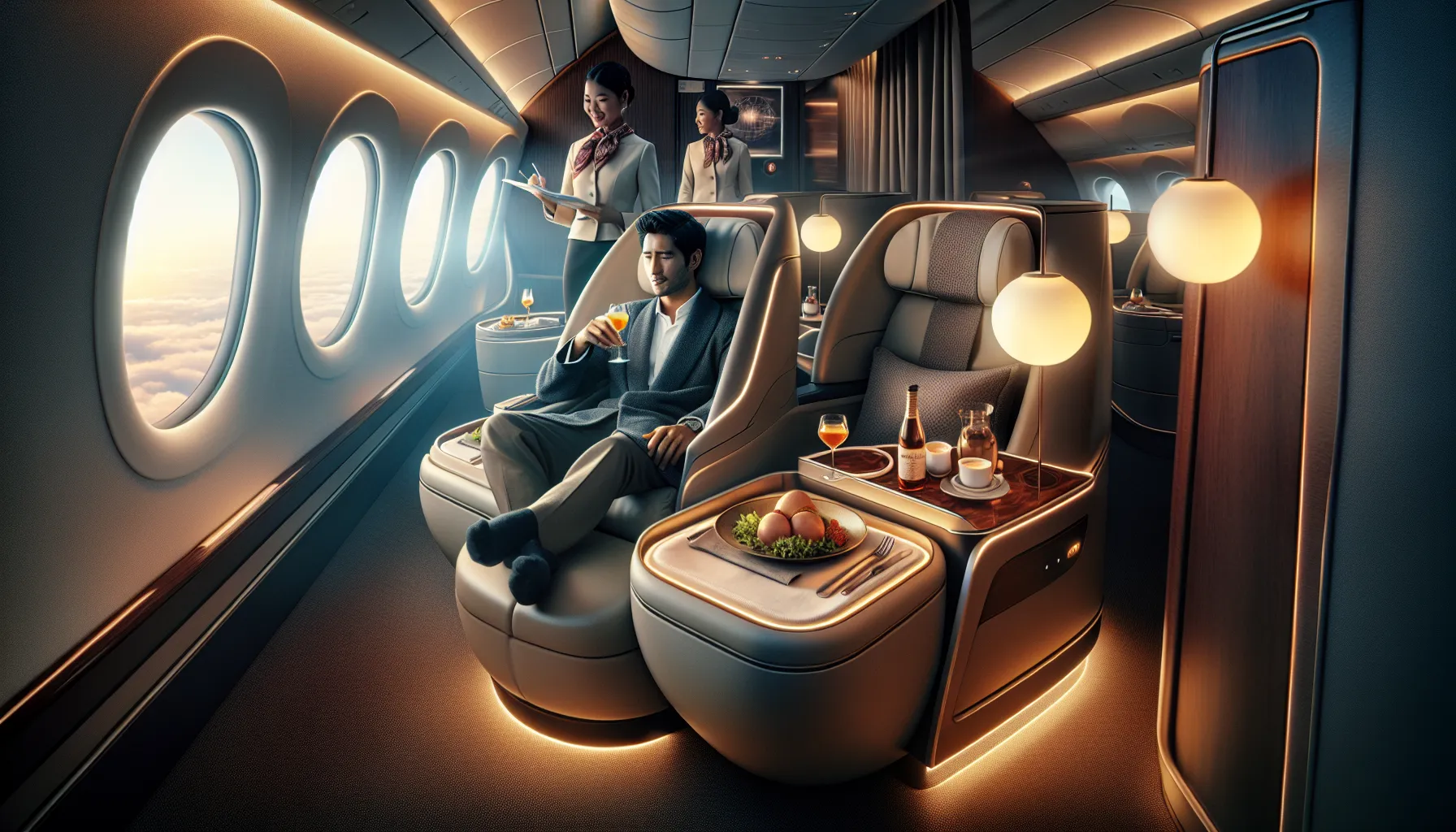 A business class seat with a passenger reclining and enjoying amenities on a flight.