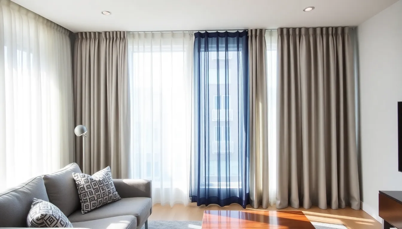 modern living room with various curtain styles and fabrics.