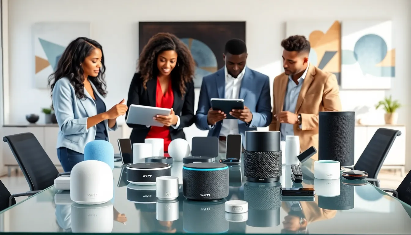 diverse team discussing Wattz consumer electronics in a modern office.